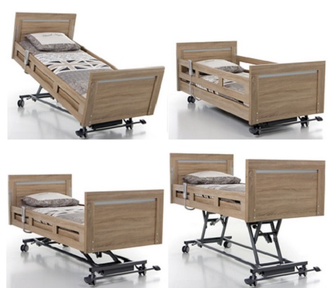 vroomshoop zorgbed ,Qure Miami grijs eiken 85,modern, hoog - laag bed, verzorging patient, lage instaphoogte, rug, been motor